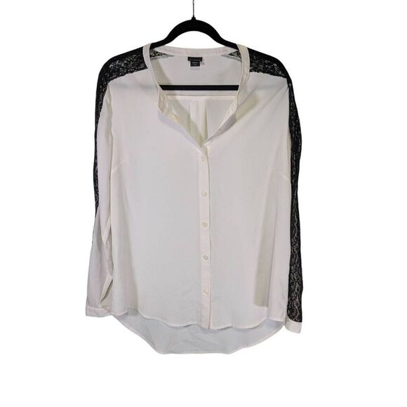 Attention Cream Blouse Button-down front With Black Lace Sleeves  and Slightly C - Picture 1 of 5